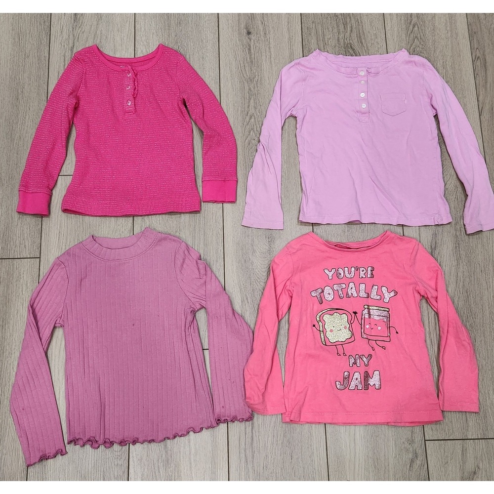 Girls Long Sleeve Shirt Bundle Pink Purple Waffle Ribbed Graphic 4 Tops Size 4